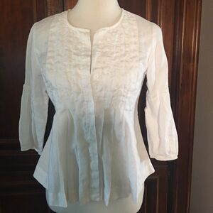 Carole Little 100% White Linen Button pleated Up 3/4 Sleeve Blouse Size Small